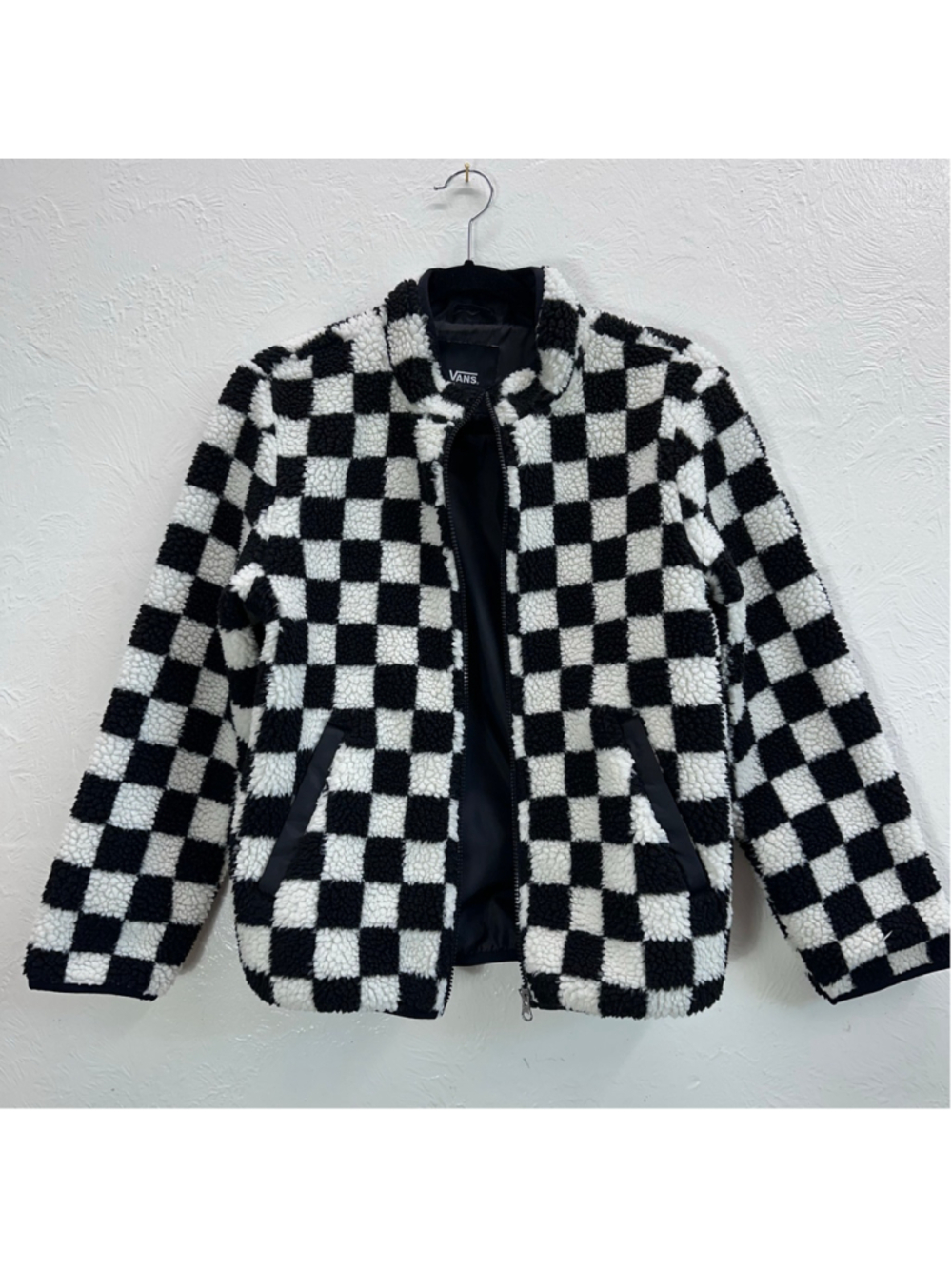 Vans Checkerboard Sherpa Fleece Jacket Cuddle Up Mock Neck Zip Black White Yth L